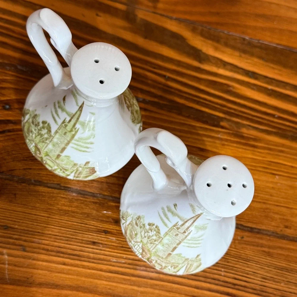 J G Meakin Salt Pepper Shakers Romance England Green White Excellent Handled Set
